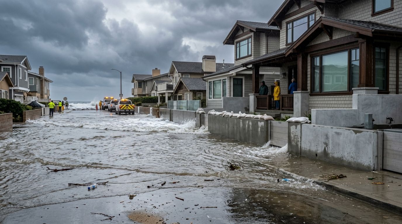 Coastal storm surge and king tide flood conditions in Southern California coastal community