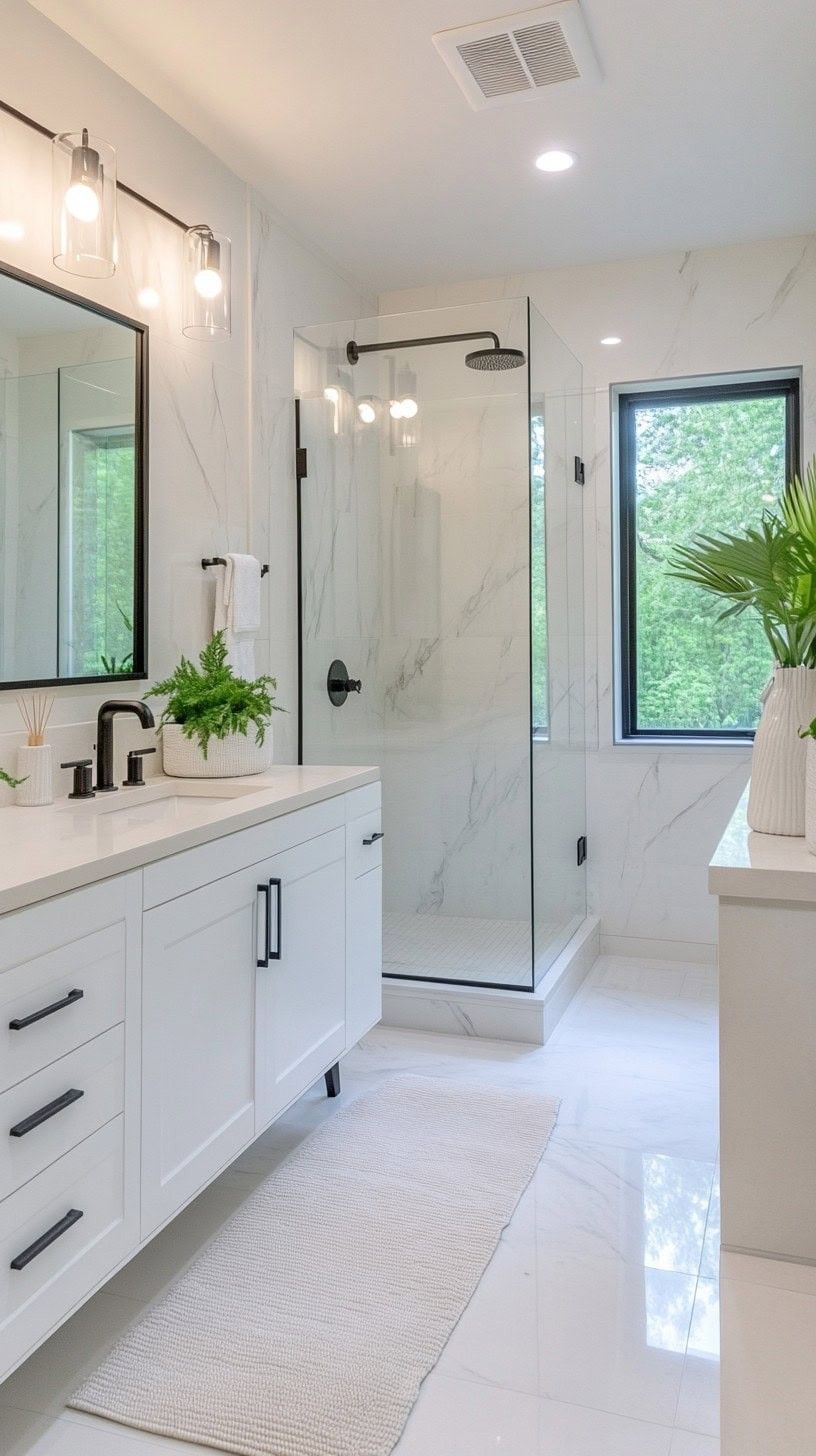 Custom bathroom vanity installation with marble countertop